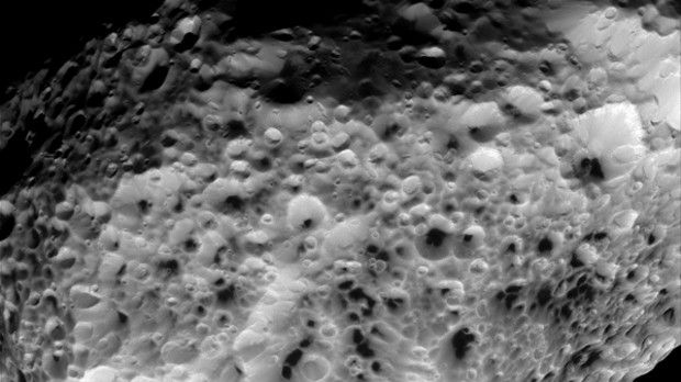 A close-up of Hyperion's surface