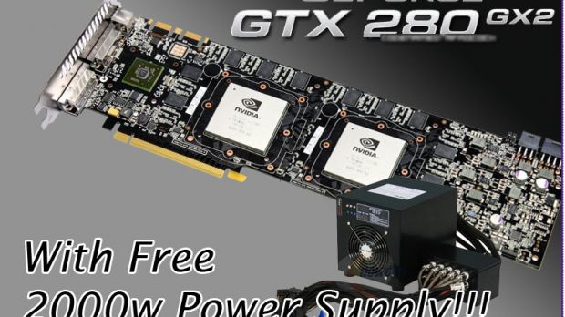 A fake photo of a GeForce GTX280 GX2 graphics card