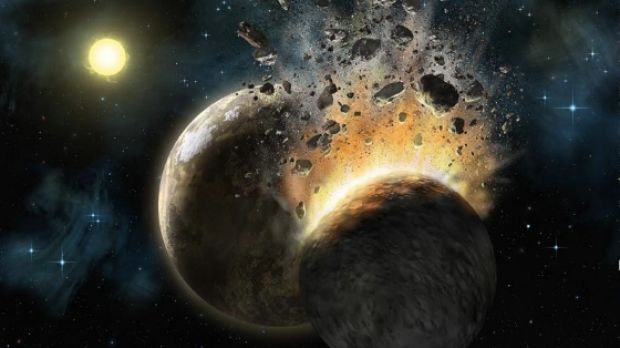 Artistic impression of a collision between two planetary embryos