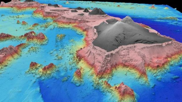The topography of the Hawaiian Islands is shown in 3-D