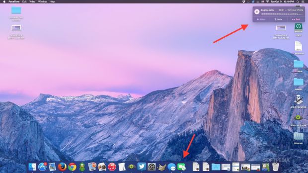 Receiving a call on your Mac: FaceTime icon appears in the dock, interactive notification pops up in the upper right-hand corner