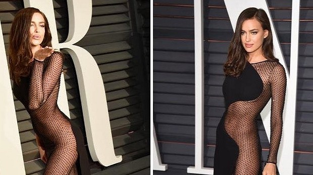 Irina Shayk wears custom-made Versace at the Oscars 2015 Vanity Fair bash