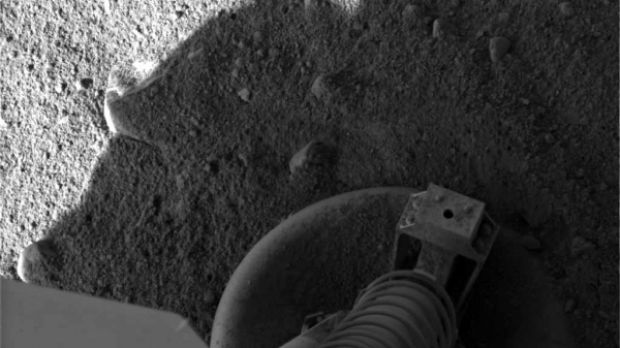 Image of one of Phoenix's feed placed on Martian ground