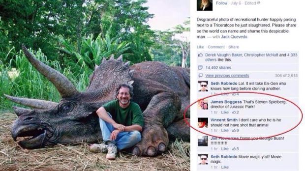 The Internet is outraged Steven Spielberg would pose with the carcass of a dinosaur he slaughtered in such a shameless manner