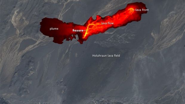 Infrared image of volcanic eruption in Iceland as seen from Space