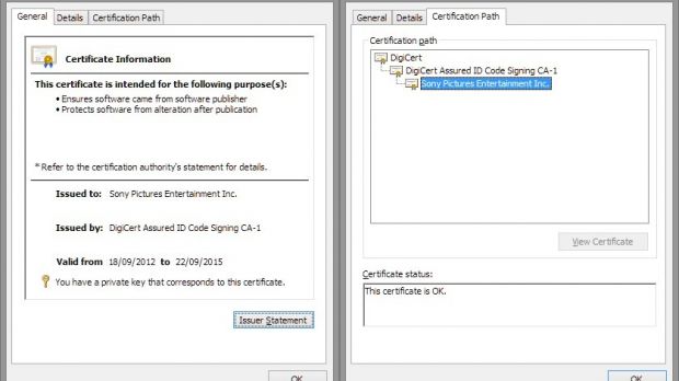 Digital certificate used to sign Destover malware