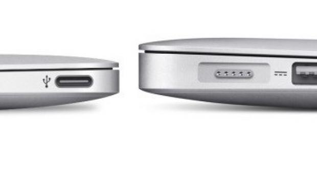 Left: USB Type-C on MacBook Air (rendering), compared to traditional USBs on the current-generation MacBook Air