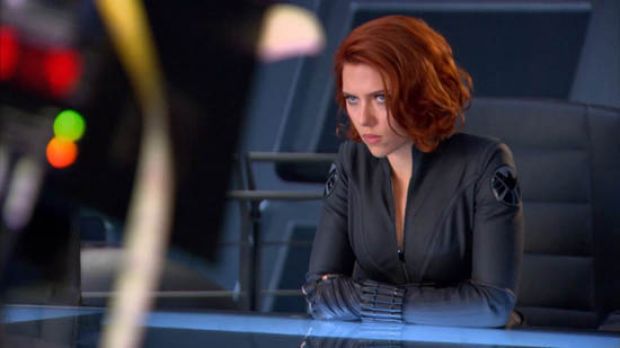 Scarlett Johansson frowns and pouts as Black Widow in “The Avengers”