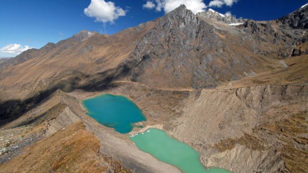 Lakes are impounded behind an inner glacial moraine in a valley in Peru