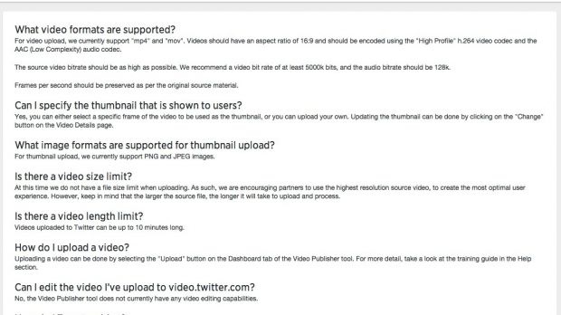 Twitter Video FAQ screenshot