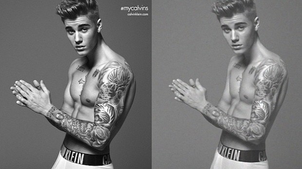Justin Bieber for Calvin Klein, after and allegedly before Photoshop