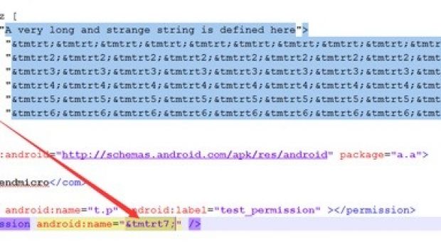 AndroidManifest containing a large string reference in DTD