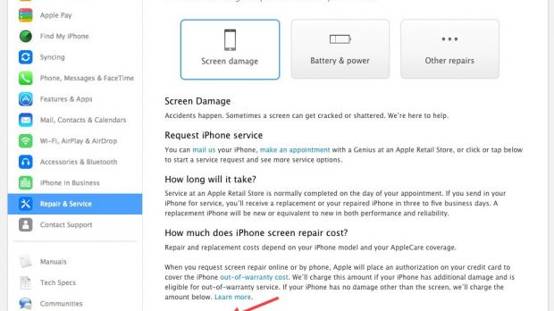iPhone Support site: replacement costs highlighted