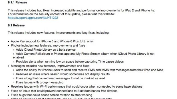 iOS 8.1.1 release notes (including the changes delivered in the original iOS 8 upgrade)