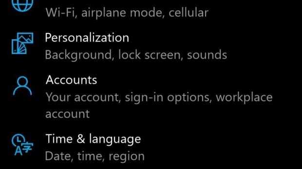 New settings design in Windows 10 for phones preview