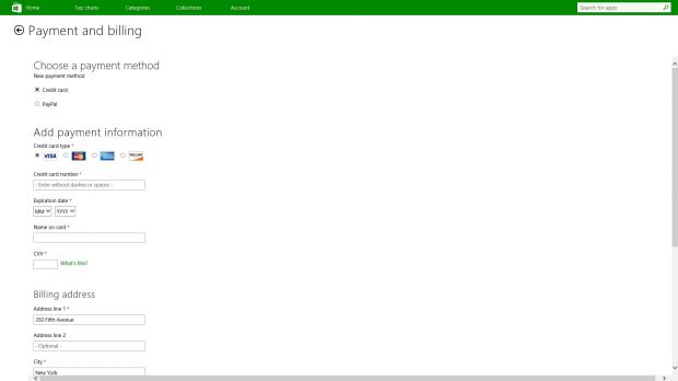 Payment option configuration in the Windows Store