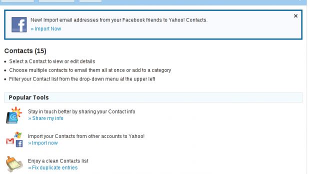 Yahoo Mail's Contacts tab with the Facebook import tool notification