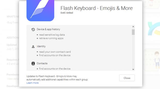Some of the permissions required by Flash Keyboard