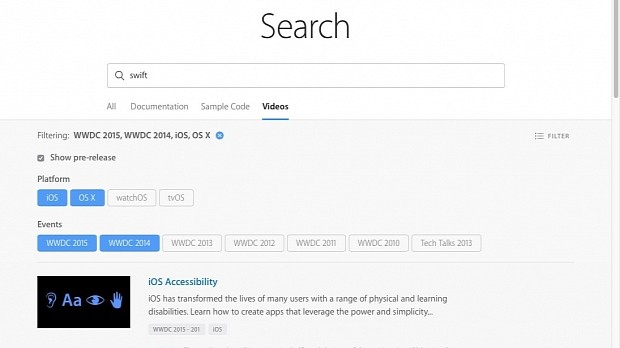 Apple's new search on Developer website
