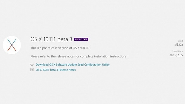 OS X 10.11.1 Beta 3 download page on Apple's Developer website