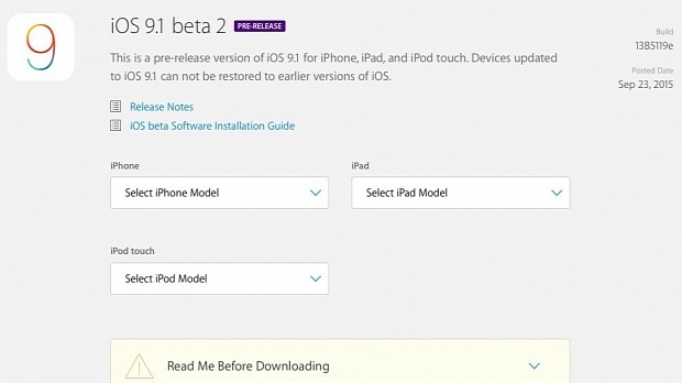 iOS 9.1 Beta 2 download page