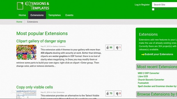 LibreOffice Extensions & Templates website showing extensions