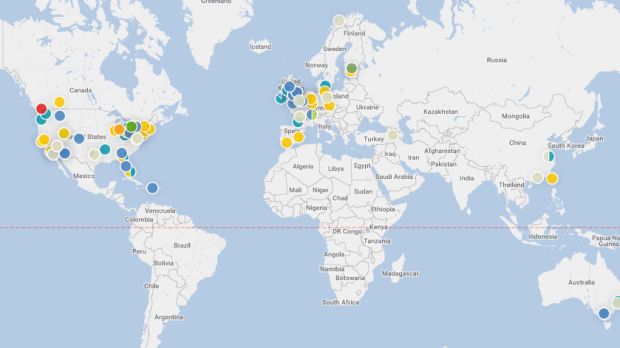Map showing the location of geo-tagged photos found on Dark Web marketplaces