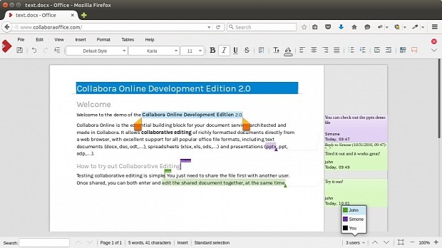 Collaborative editing on a text document in CODE, with comments and replies to comments