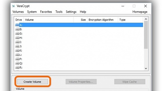 Click Create volume in the main window of VeraCrypt to get started