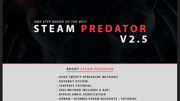 Website advertising the Steam Predator malware