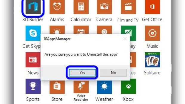 Click Yes to confirm uninstalling Windows 10 apps with 10AppsManager