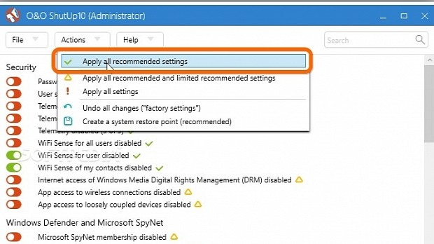 Apply all recommended settings to protect privacy in Windows 10 using O&O ShutUp10