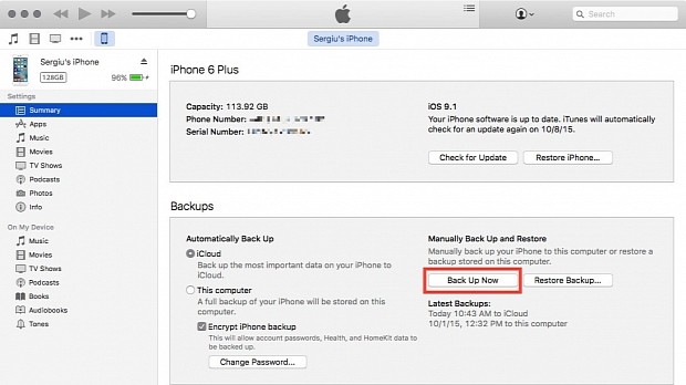 iOS backup via iTunes