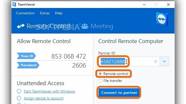 Enter the Partner's ID, select Remote Control, and click Connect in TeamViewer