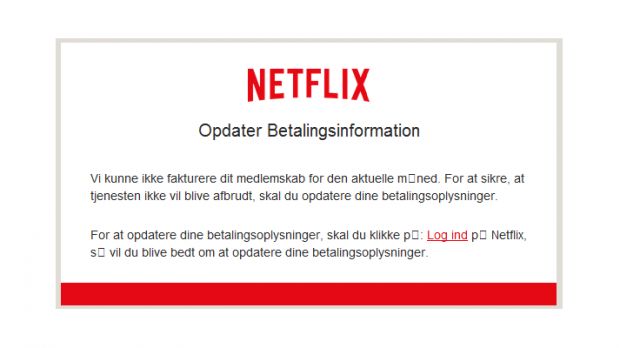 Sample Netflix phishing email delivered to Danish users