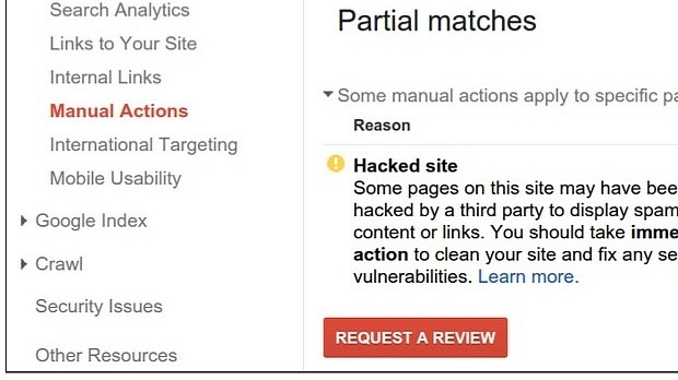 Example of a Hacked site manual action on a Partial match