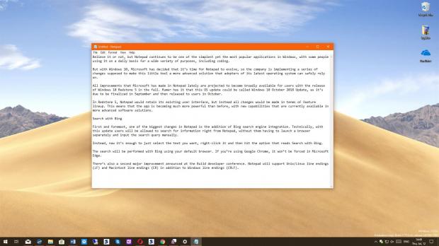 Notepad in latest Windows 10 Redstone 5 build