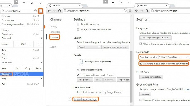 Change the default downloads folder in Chrome