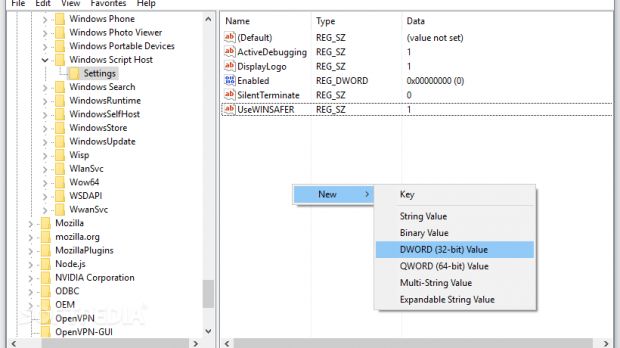 Creating a new Windows Script Host setting