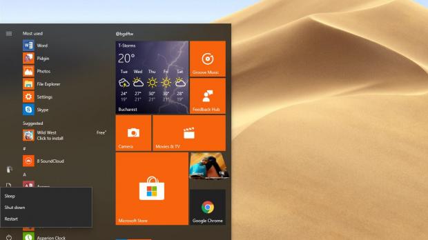 Windows 10 Start menu with power controls available