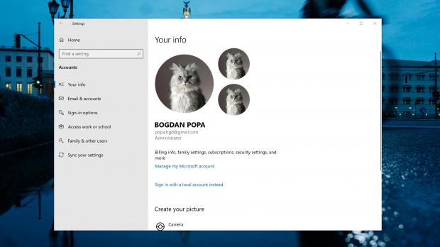 Changing account picture in Windows 10
