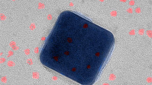 Silver nanocube with pink quantum dots
