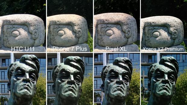 iPhone 7 Plus vs. HTC U11 vs. Pixel XL vs. Xperia XZ Premium statues photo test