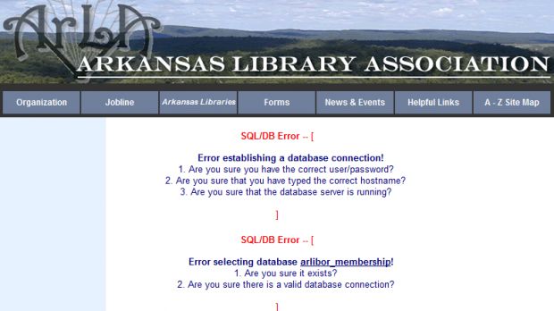 Arkansas Library Association website showing SQL connection errors