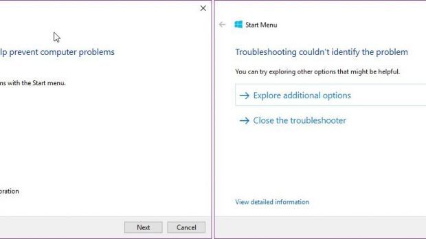 The Windows 10 Start menu troubleshooter in action