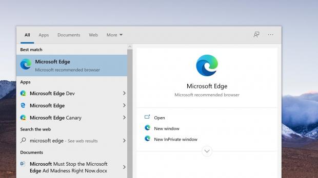 Edge is displayed as the recommended browser on Windows 10
