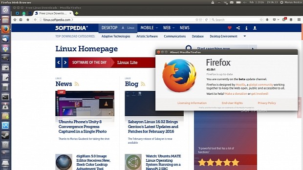 Mozilla Firefox 45.0 Beta 1 on Ubuntu 16.04 LTS