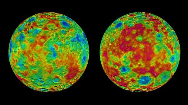 Images show color-coded maps from NASA's Dawn mission