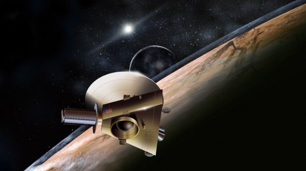 Artist's depiction of the Pluto system and the New Horizons probe