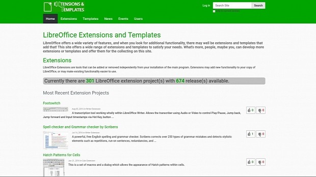 The home page of the new LibreOffice extensions and templates website